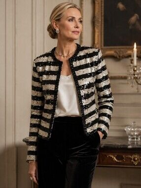 Boston Proper Sequins Black/White stripes Bling Shimmer Parisian Blazer Sz 4